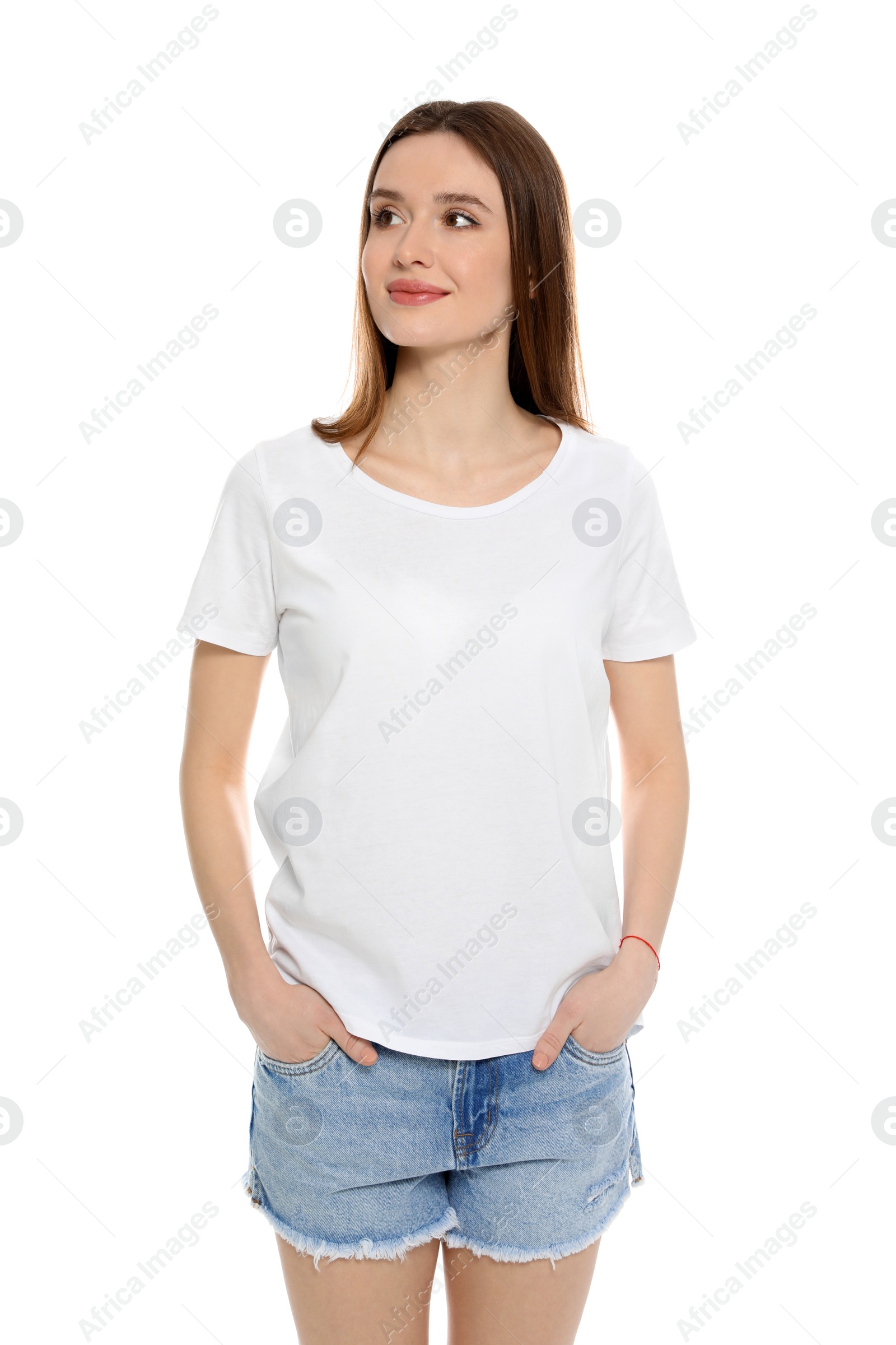 Photo of Young woman in t-shirt on white background. Mock up for design