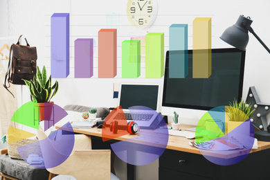 Image of Designer's workplace with modern computers on wooden table and illustration of colorful graphs. Double exposure