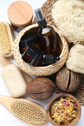 Photo of Bath accessories. Different personal care products on white background, flat lay