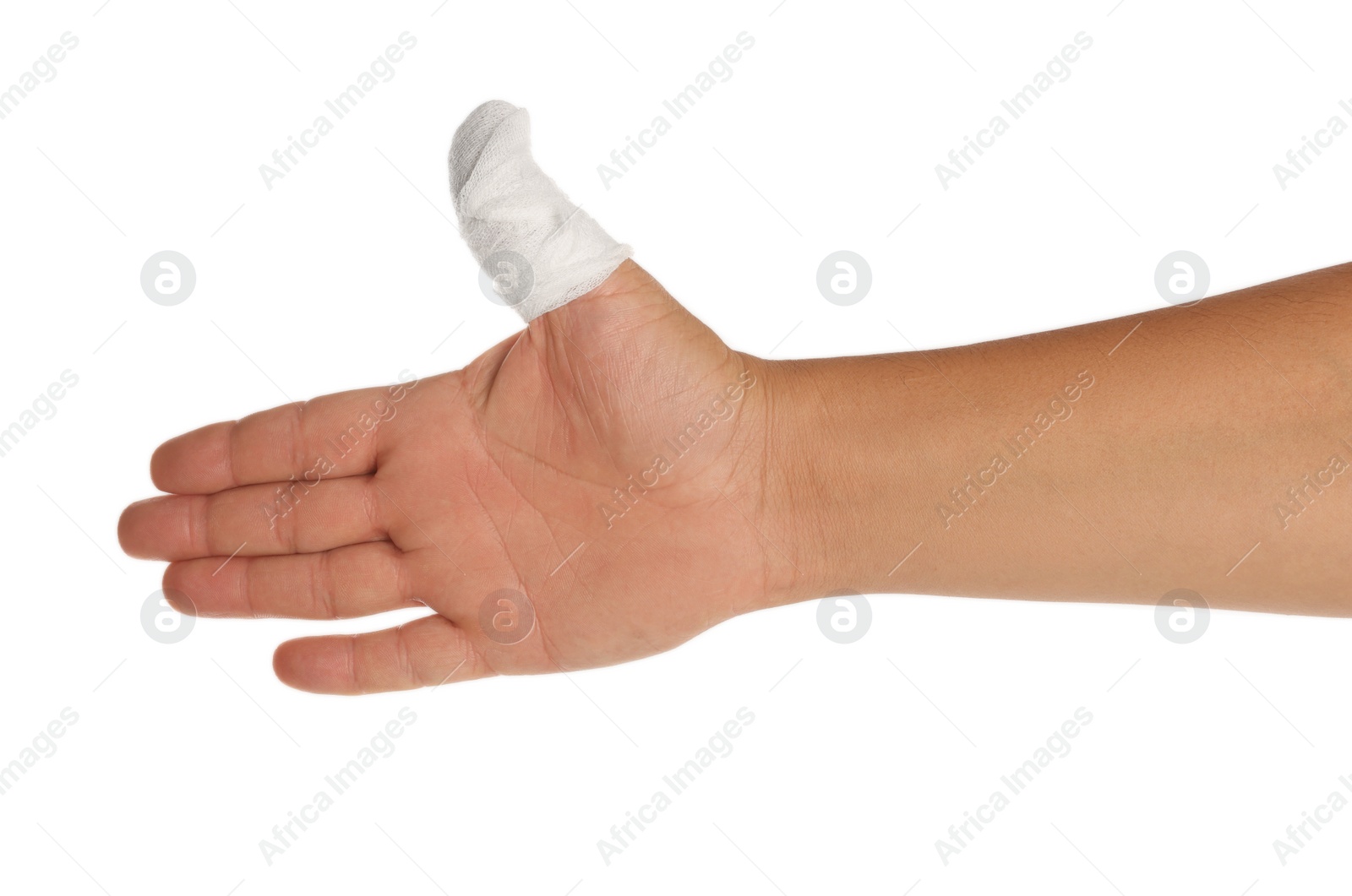 Photo of Man with thumb wrapped in medical bandage on white background, closeup