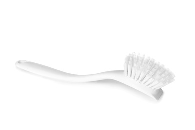 Photo of Cleaning brush for dish washing on white background