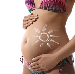 Pregnant woman with sun protection cream on her belly against white background, closeup