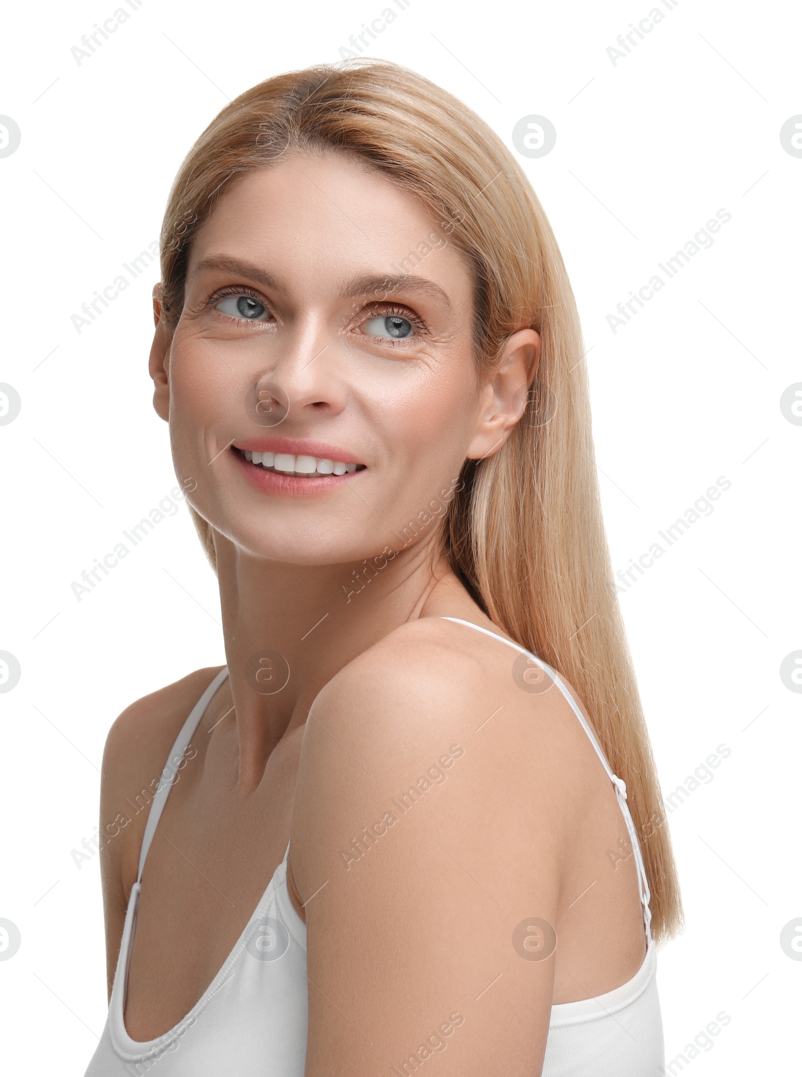 Photo of Beautiful woman with healthy skin on white background