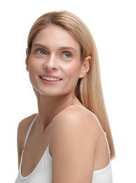 Photo of Beautiful woman with healthy skin on white background