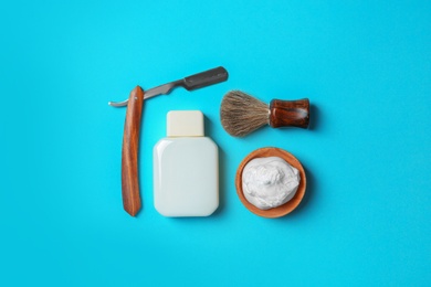 Photo of Flat lay composition with shaving accessories for men on color background