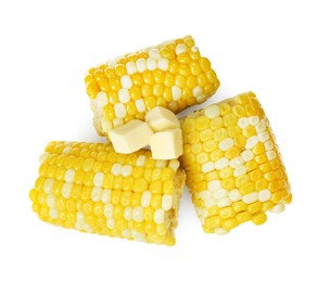 Photo of Tasty corn with butter on white background, top view