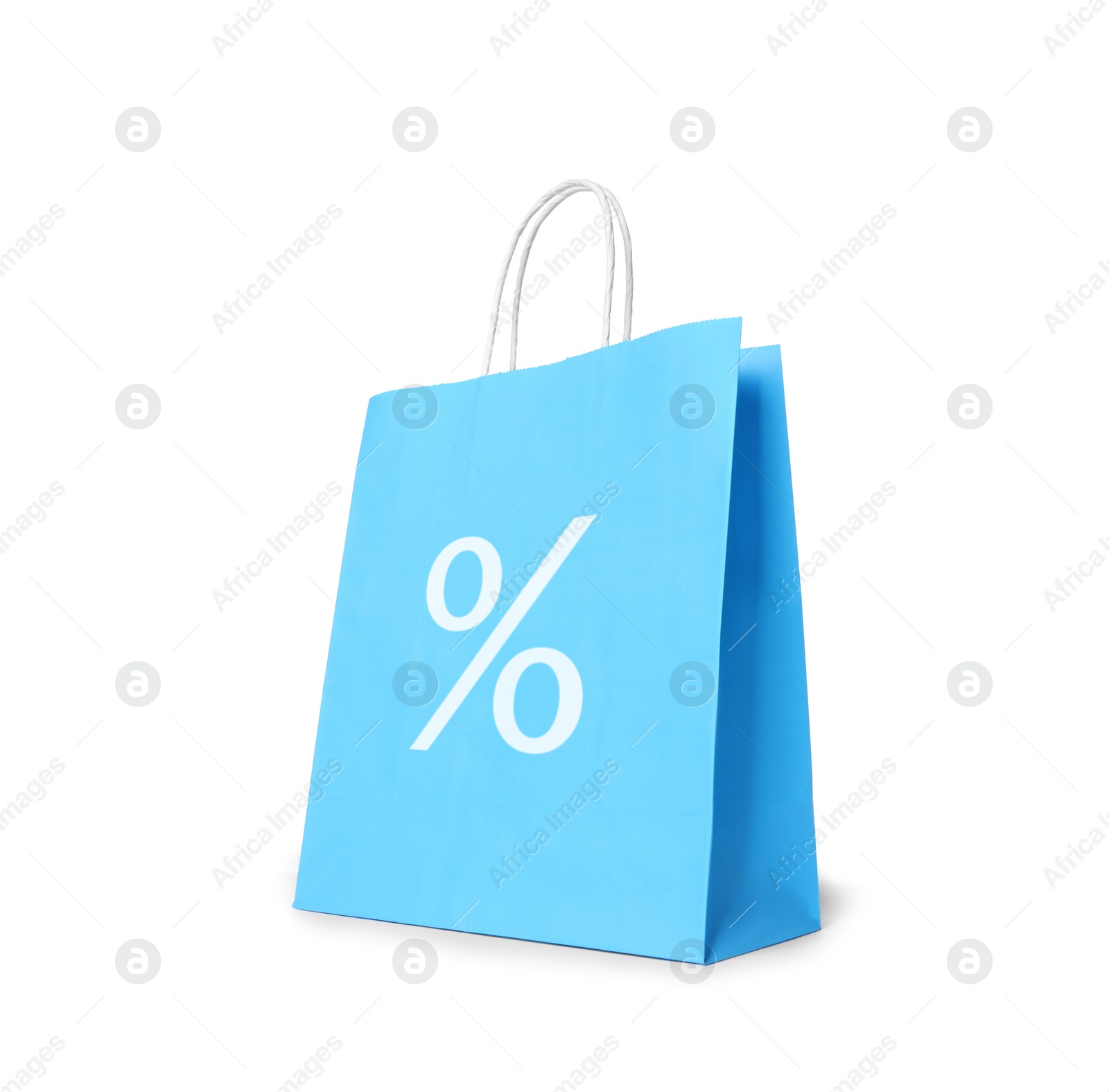 Image of Light blue paper bag with percent sign isolated on white