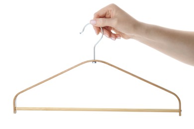 Photo of Woman holding hanger on white background, closeup