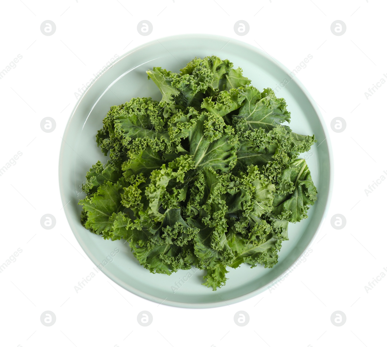 Photo of Fresh green kale leaves isolated on white, top view