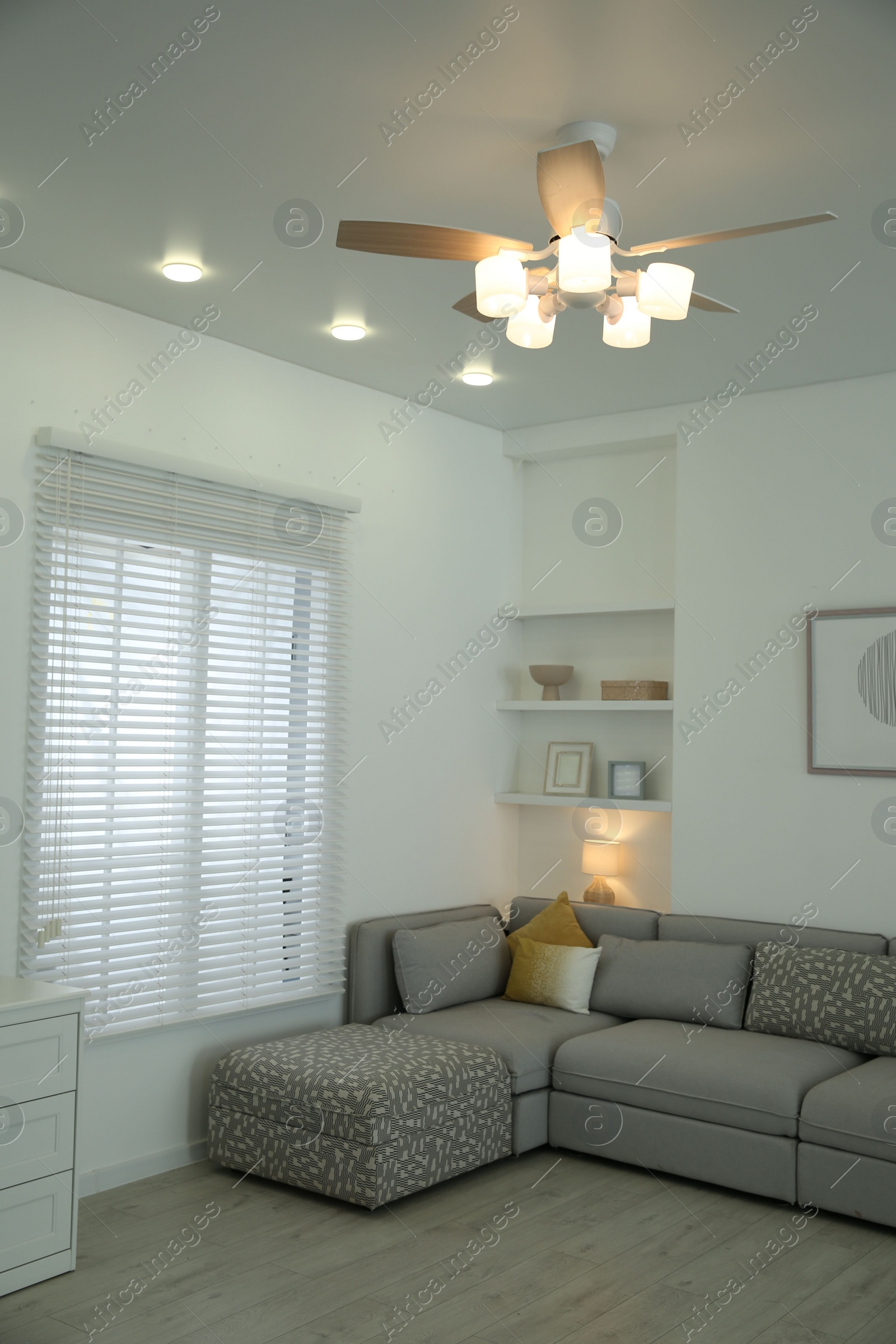 Photo of Comfortable furniture, ceiling fan and accessories in stylish living room