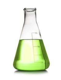 Photo of Conical flask with sample isolated on white. Chemistry laboratory glassware