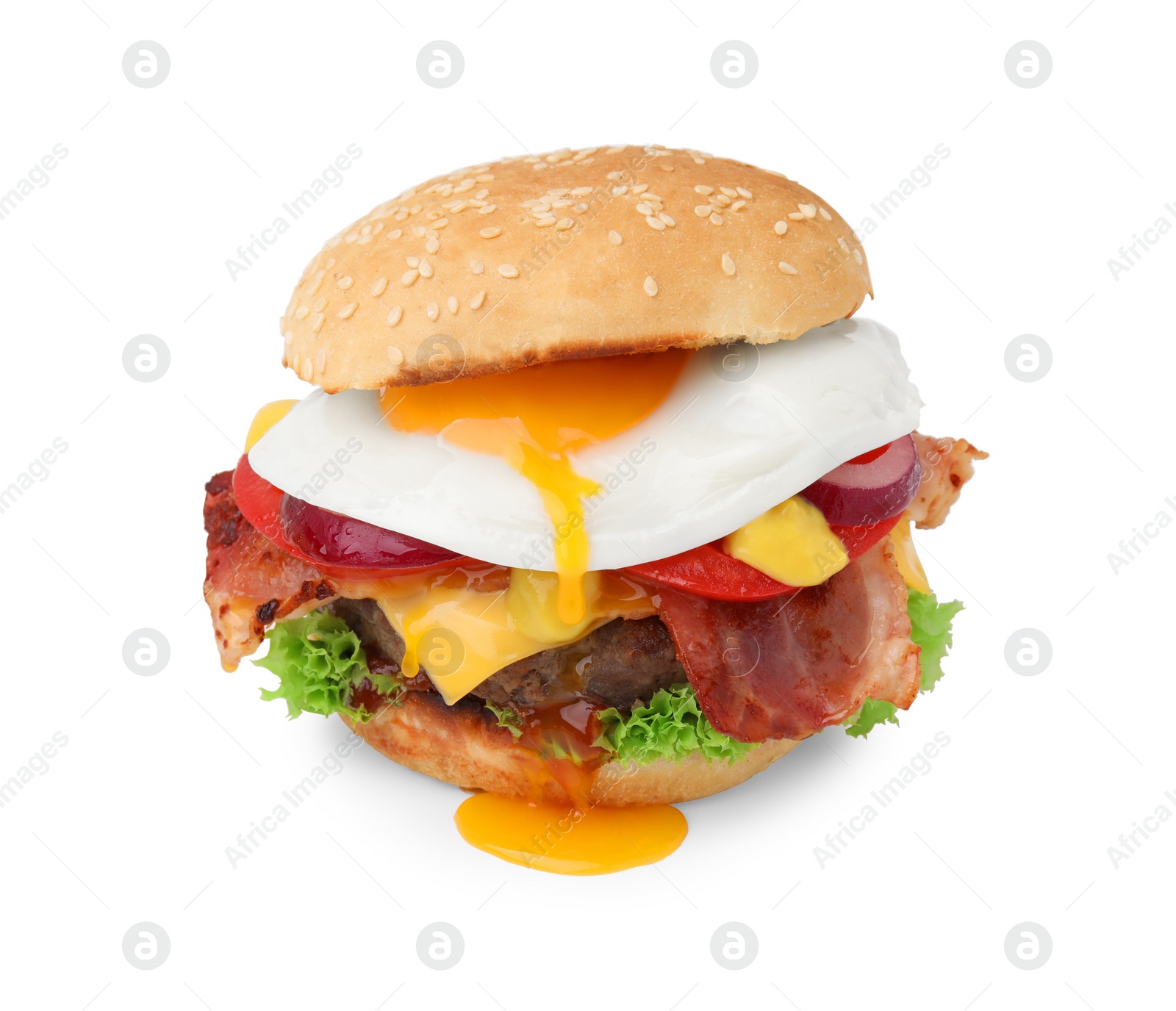 Photo of Delicious burger with fried egg isolated on white