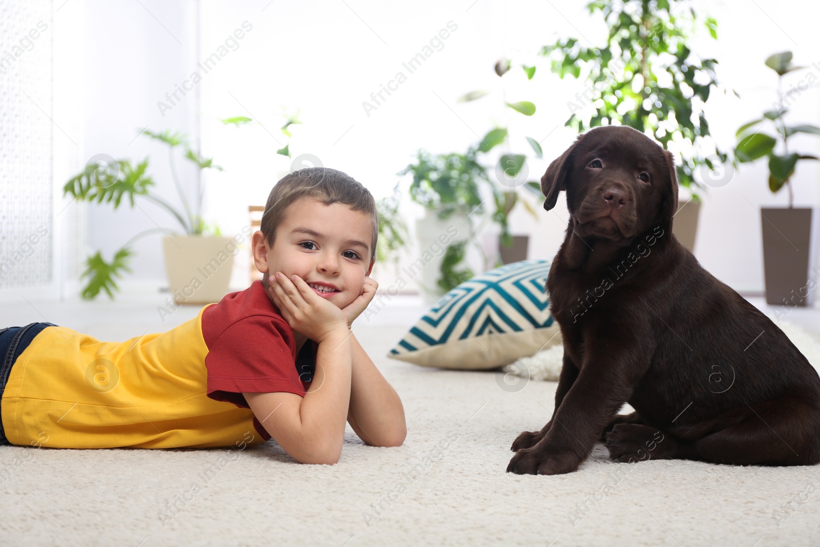 Photo of Little boy with puppy on floor at home. Friendly dog