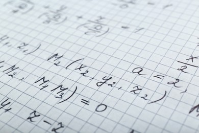 Photo of Sheet of paper with different mathematical formulas, closeup