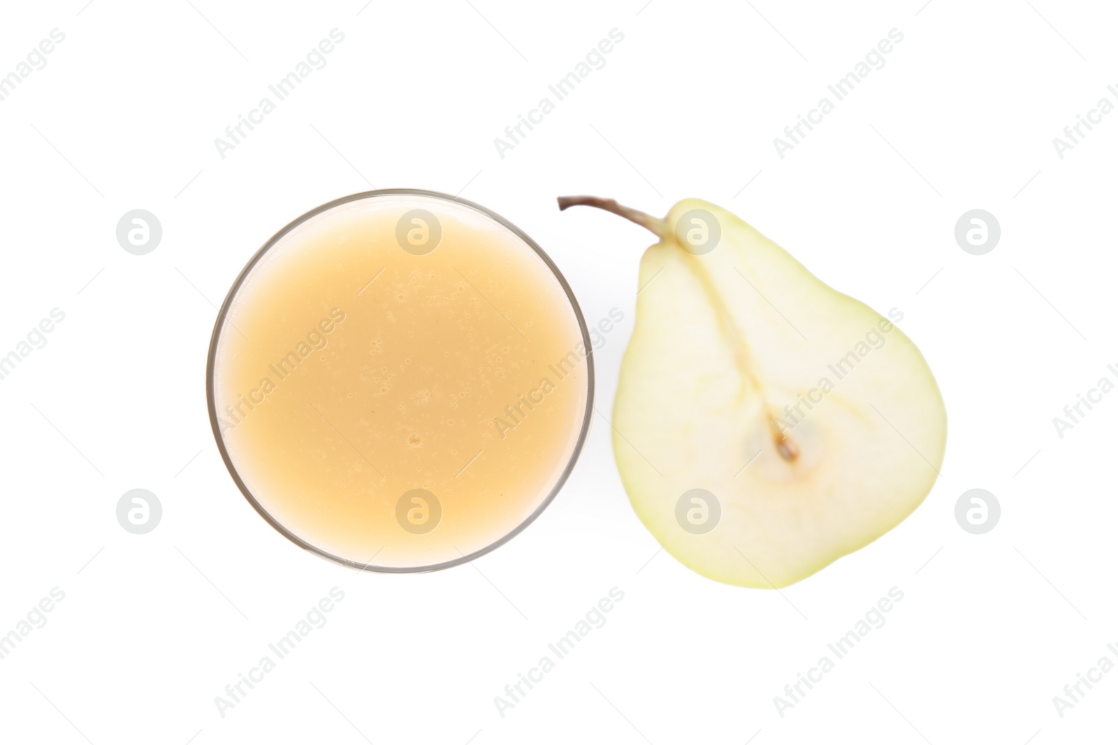 Photo of Tasty pear juice and cut fruit isolated on white, top view