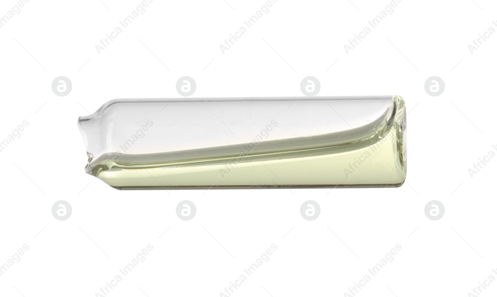 Photo of Open glass ampoule with liquid isolated on white