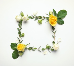 Photo of Flat lay composition with beautiful blooming flowers on white background