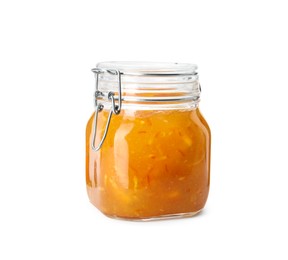 Photo of Delicious orange marmalade in glass jar isolated on white