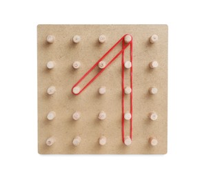 Photo of Wooden geoboard with number 1 made of rubber bands isolated on white. Educational toy for motor skills development