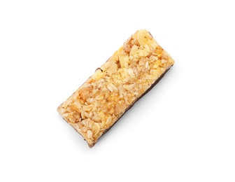 Photo of Tasty protein bar on white background, top view