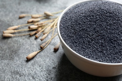 Poppy seeds in bowl on grey table, closeup. Space for text