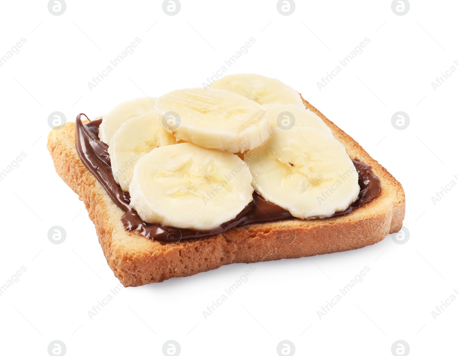 Photo of Delicious toast with bananas and chocolate cream isolated on white