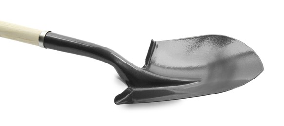 Photo of One new shovel with wooden handle isolated on white. Gardening tool