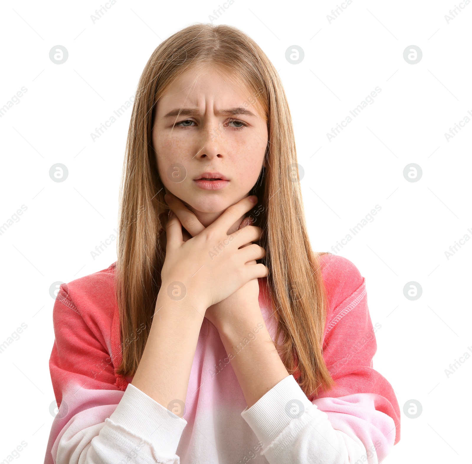 Photo of Teenage girl suffering from cough isolated on white