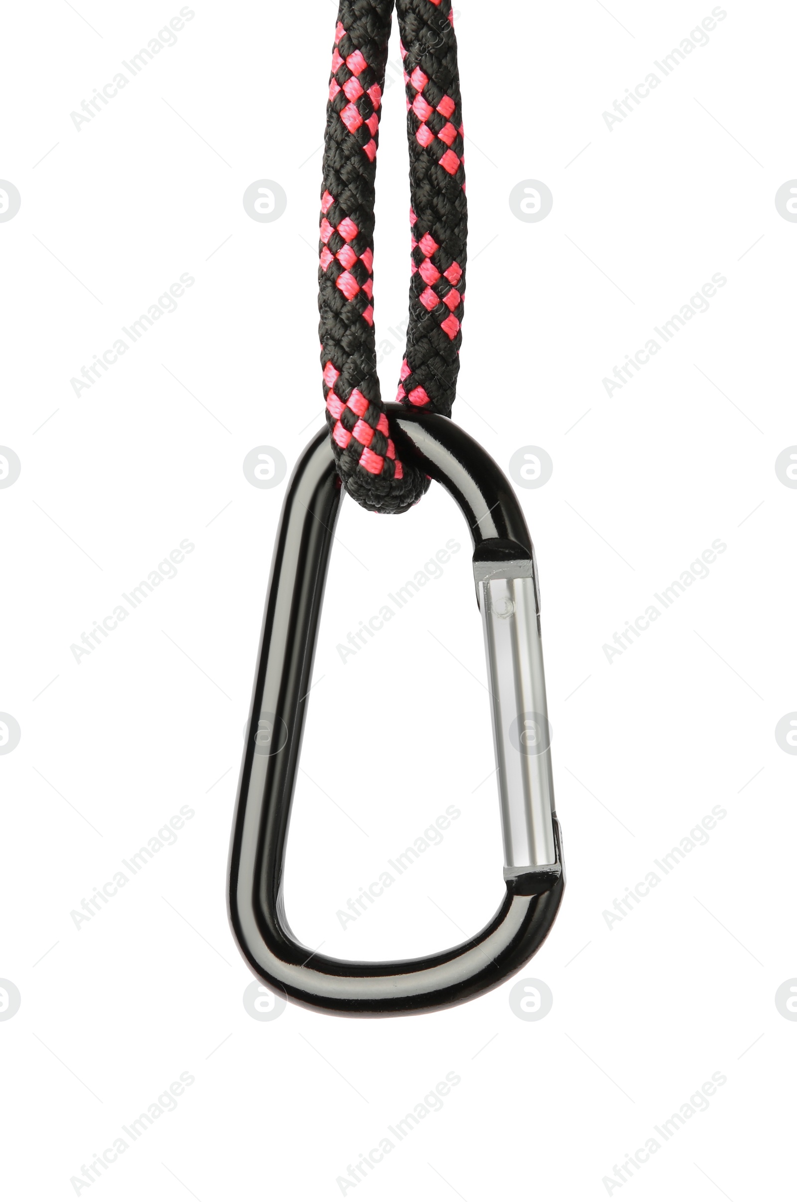 Photo of One metal carabiner with rope isolated on white