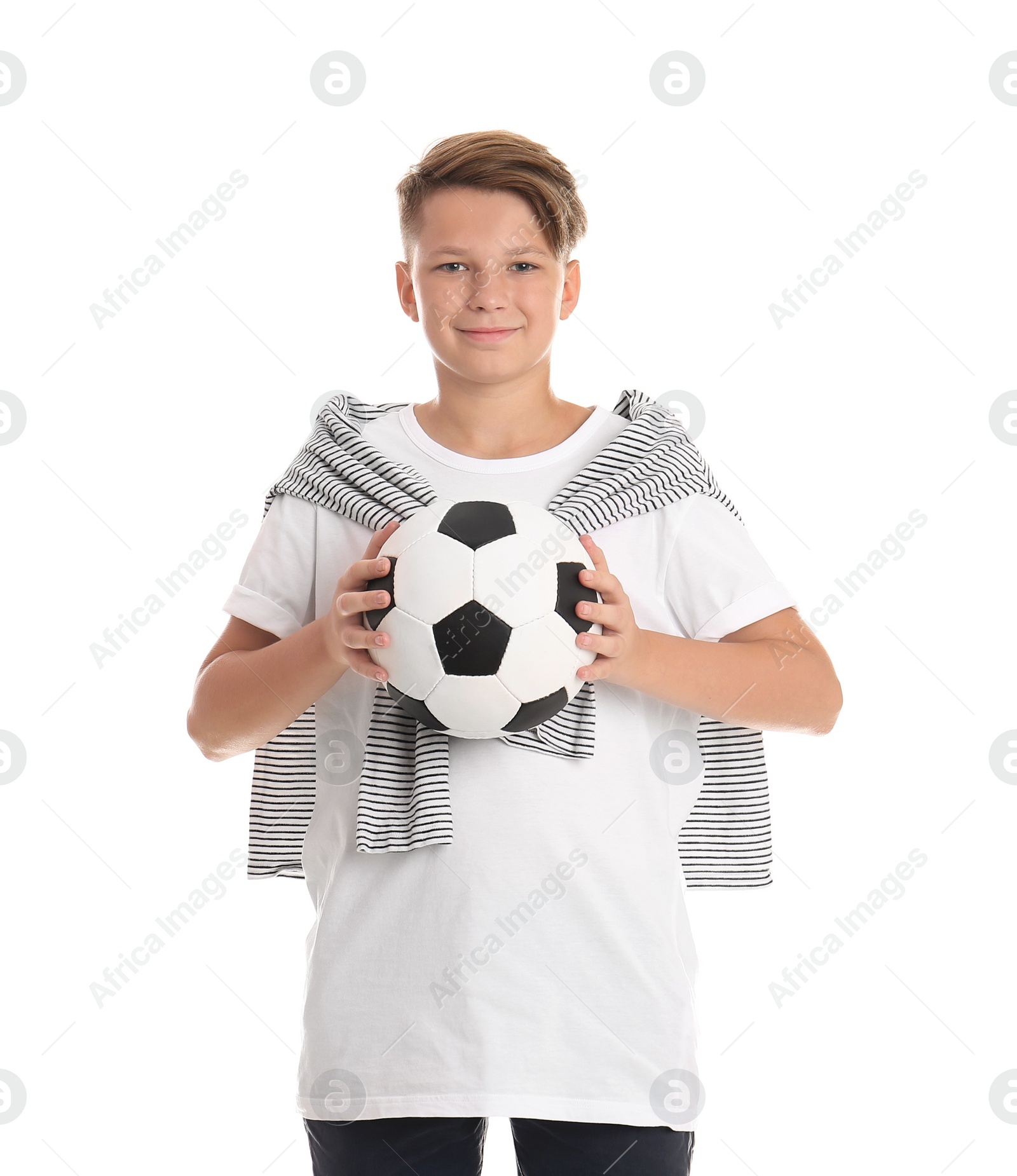 Photo of Teenage boy with soccer ball on white background