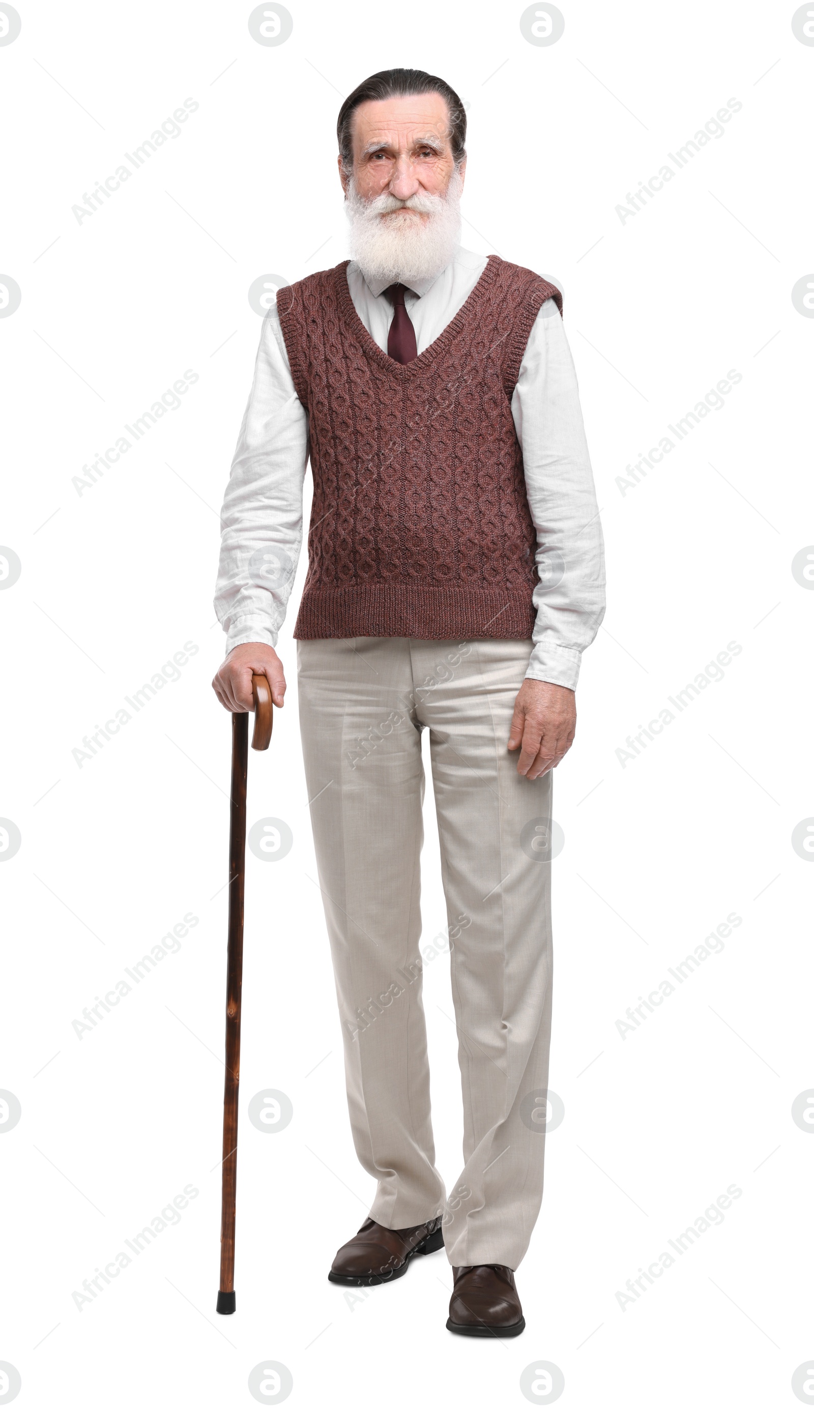 Photo of Senior man with walking cane on white background