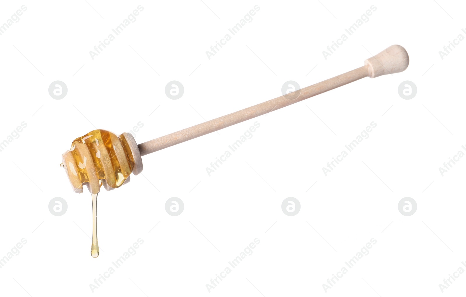 Photo of Fresh honey dripping from dipper on white background