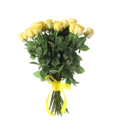 Beautiful bouquet of yellow roses with ribbon isolated on white