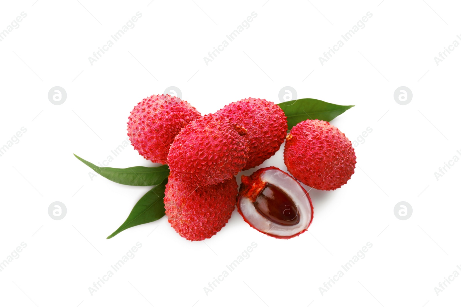 Photo of Pile of fresh ripe lychees with green leaves on white background, top view