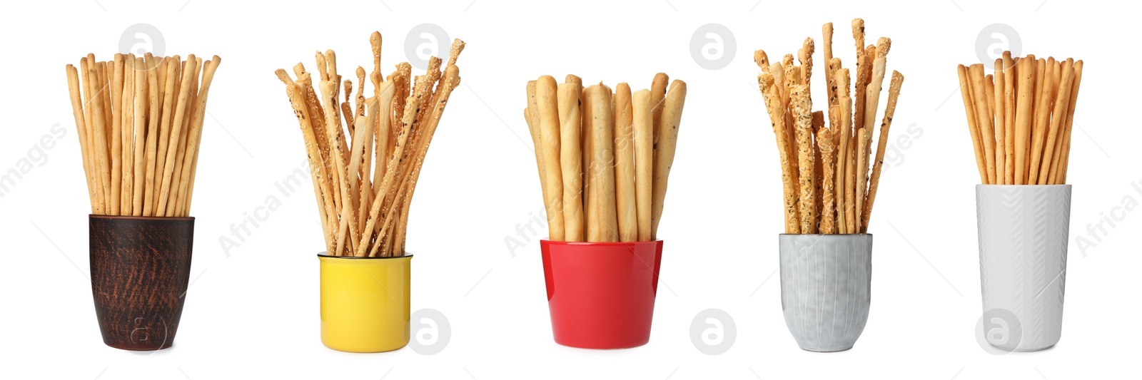 Image of Set with delicious crispy grissini sticks on white background. Banner design 