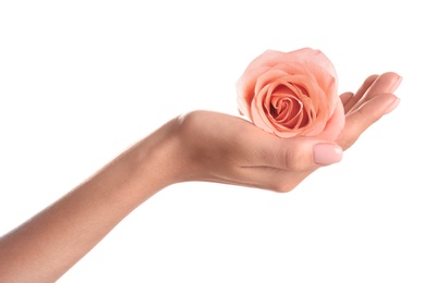 Photo of Woman holding rose on white background, closeup. Spa treatment
