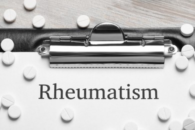 Photo of Word Rheumatism printed on white paper and pills, closeup
