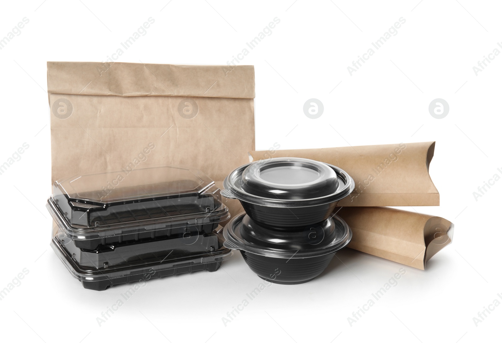 Photo of Different containers on white background, mockup for design. Food delivery