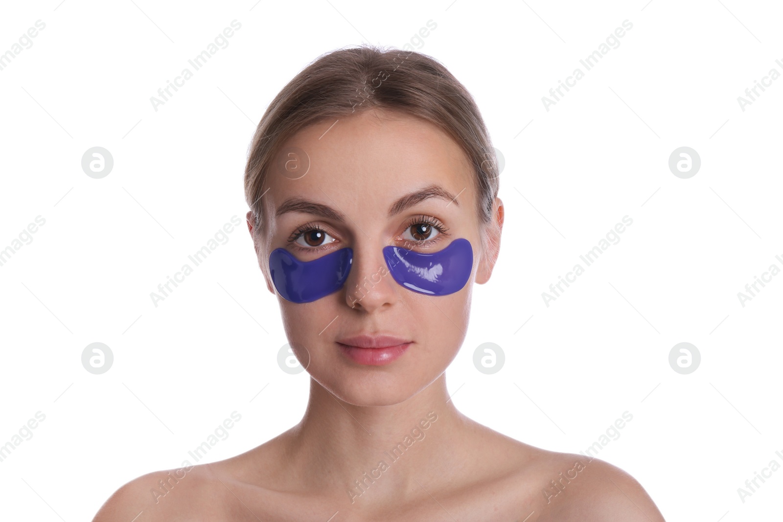 Photo of Beautiful young woman with blue under eye patches on white background