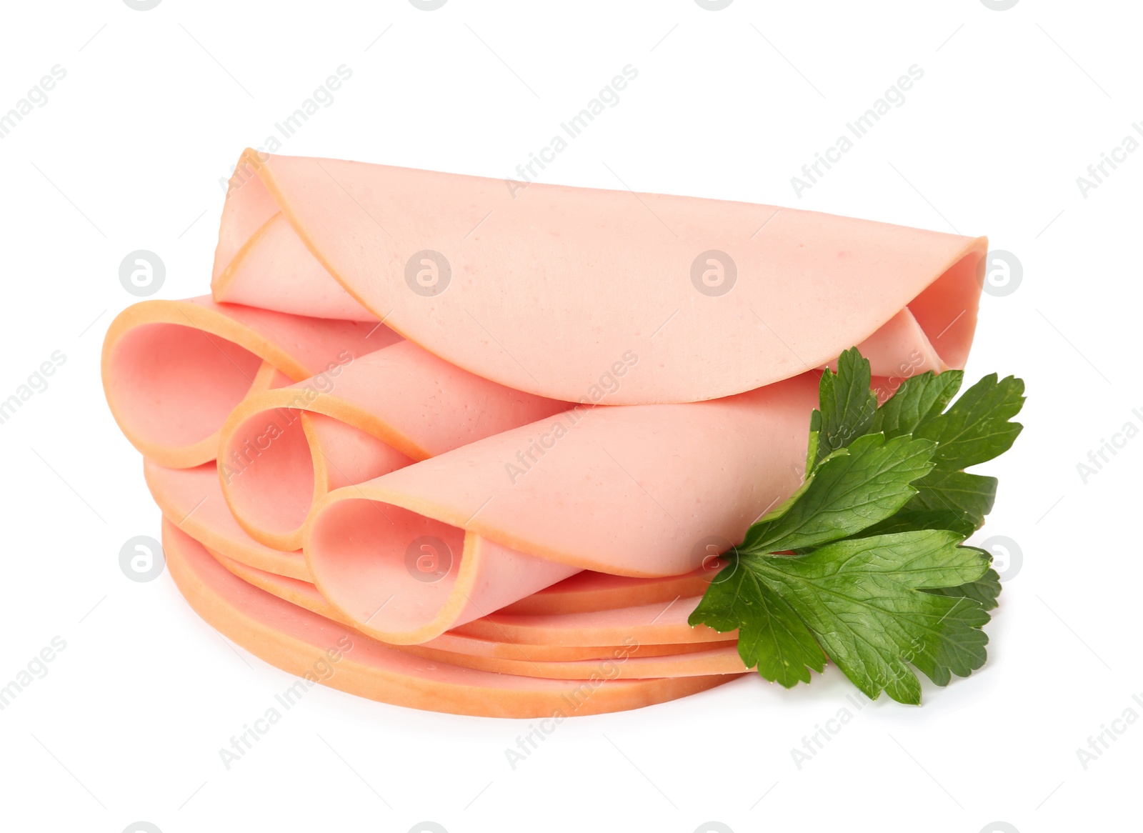 Photo of Slices of delicious boiled sausage with parsley on white background