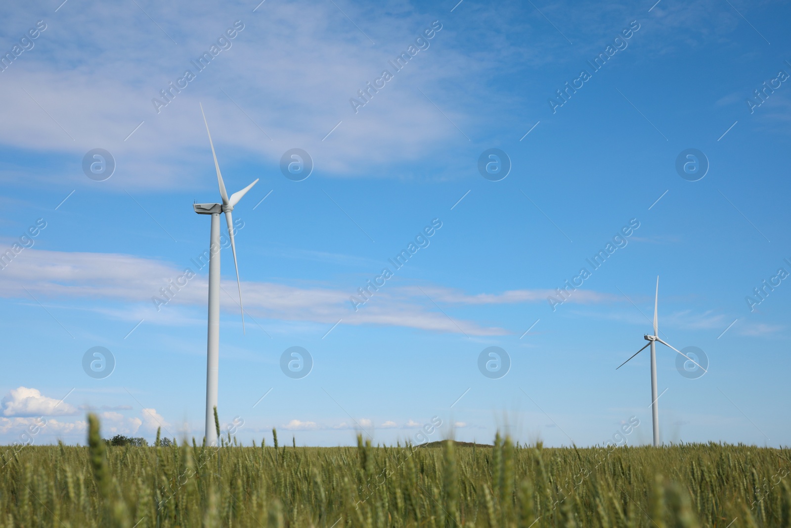 Photo of Beautiful view of field with wind turbines. Alternative energy source