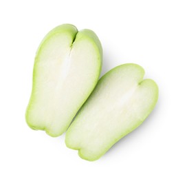 Photo of Halves of fresh green chayote isolated on white, top view