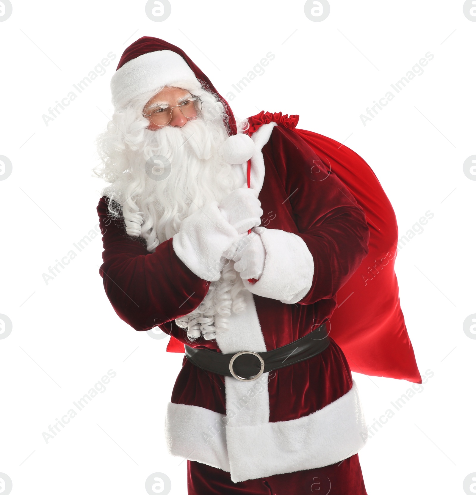 Photo of Santa Claus with sack on white background