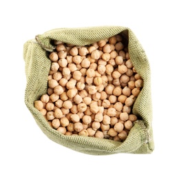 Photo of Chickpeas in sack on white background, top view. Natural food