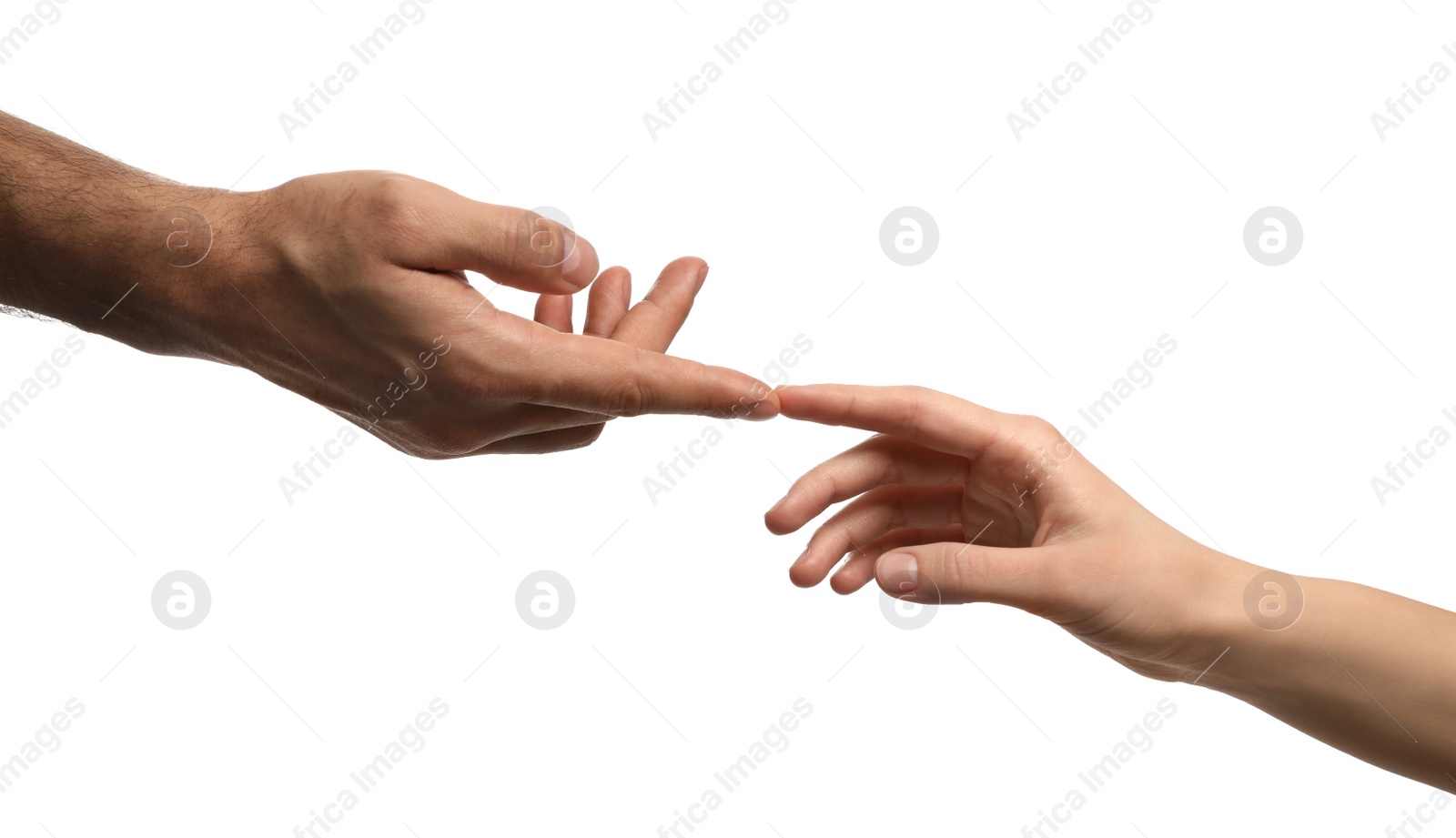 Photo of Man and woman holding hands on white background, closeup