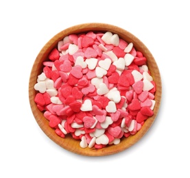 Photo of Sweet candy hearts in bowl on white background, top view