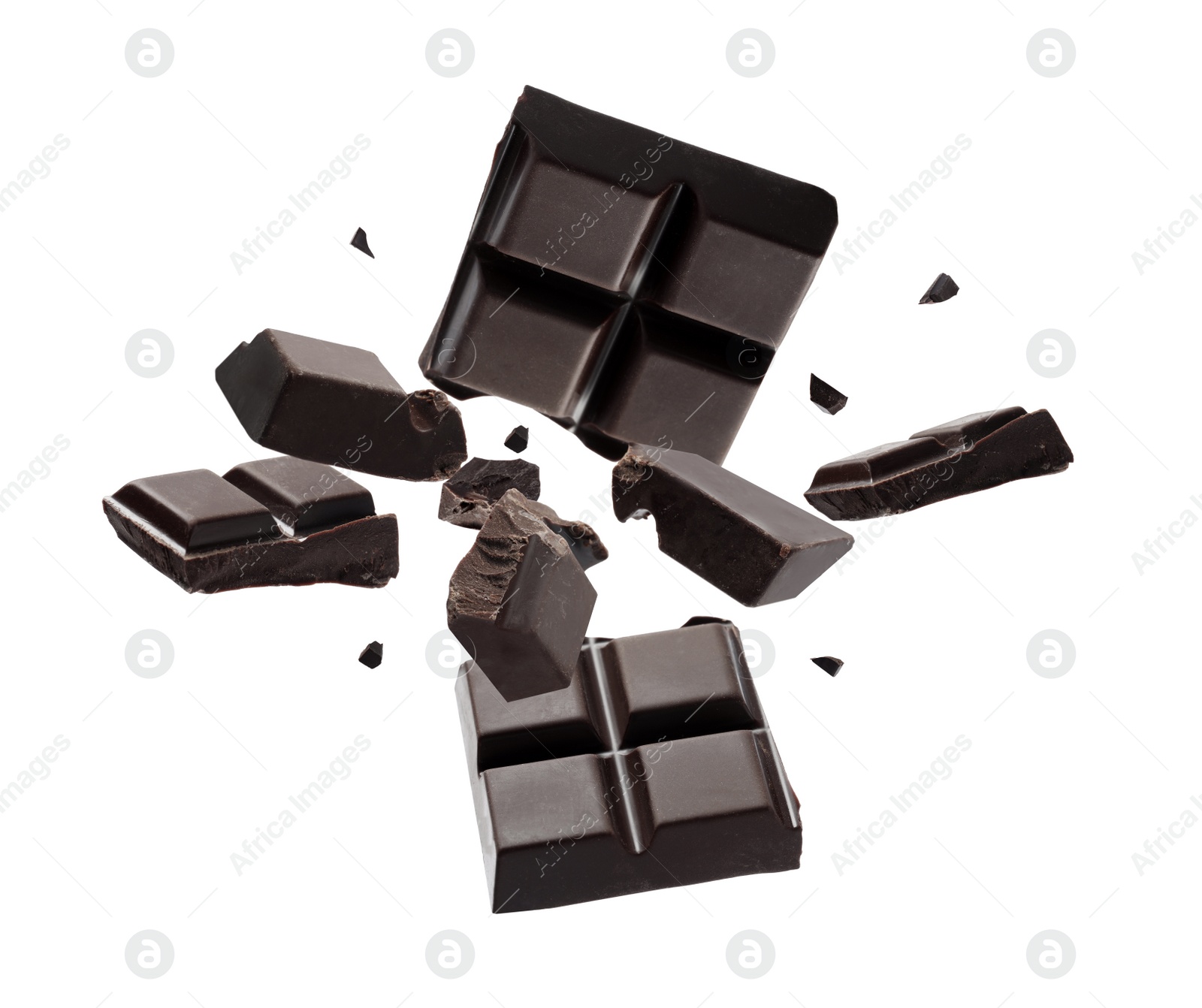 Image of Dark chocolate explosion, pieces shattering on white background