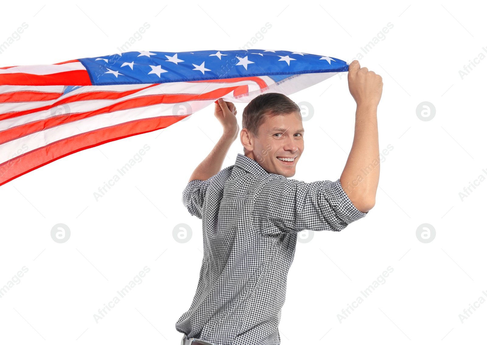 Photo of Portrait of man holding USA flag on white background