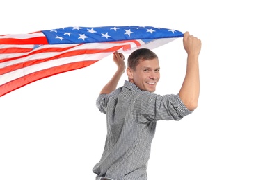 Photo of Portrait of man holding USA flag on white background