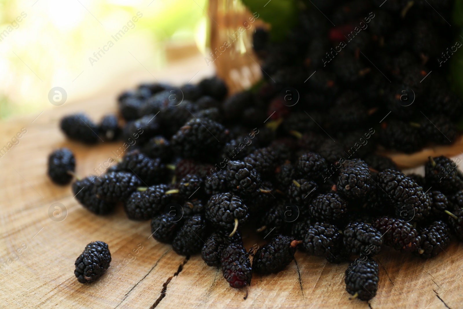 Photo of Heap of delicious ripe black mulberries on wood stump